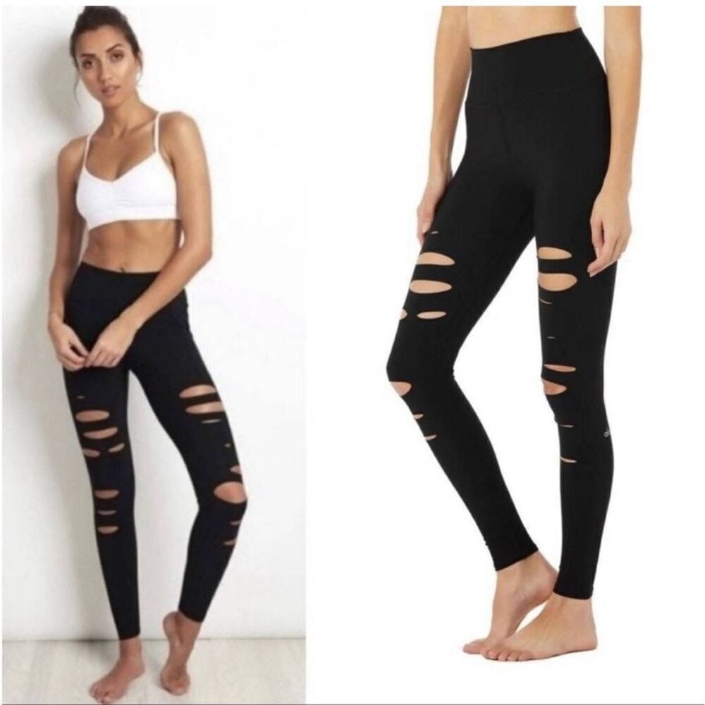 Alo Ankle Warrior Leggings Women's Small Black Yoga High-Waisted‎ Ripped Stretch